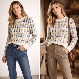 Hatley Chevron Knit Sweater M | Ivory Blue Olive Wool Blend